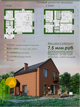 Дом 115м², 2-этажный, участок 5 сот.  