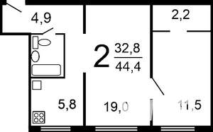 2-к квартира, на длительный срок, 45м2, 4/5 этаж