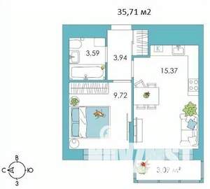 1-к квартира, на длительный срок, 36м2, 7/9 этаж