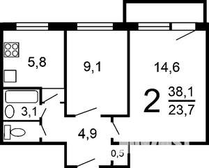 2-к квартира, на длительный срок, 39м2, 5/5 этаж