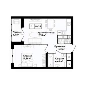 1-к квартира, на длительный срок, 40м2, 17/25 этаж