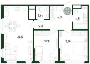 2-к квартира, строящийся дом, 64м2, 12/25 этаж