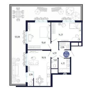 3-к квартира, строящийся дом, 118м2, 1/25 этаж