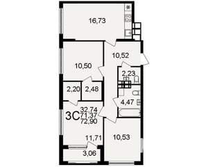 3-к квартира, строящийся дом, 71м2, 13/20 этаж