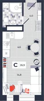 Студия квартира, строящийся дом, 27м2, 10/14 этаж