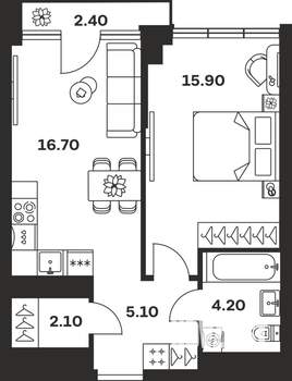 1-к квартира, вторичка, 46м2, 8/9 этаж