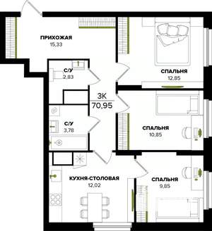 3-к квартира, вторичка, 71м2, 14/25 этаж