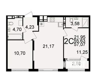 2-к квартира, строящийся дом, 56м2, 12/20 этаж