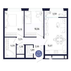 2-к квартира, строящийся дом, 54м2, 24/25 этаж