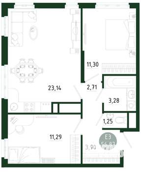 2-к квартира, строящийся дом, 57м2, 19/25 этаж
