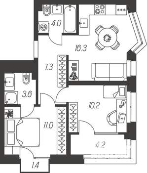 2-к квартира, строящийся дом, 58м2, 4/24 этаж