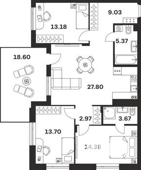 3-к квартира, вторичка, 109м2, 1/4 этаж