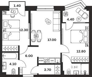 2-к квартира, строящийся дом, 64м2, 12/24 этаж