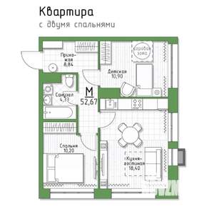 2-к квартира, строящийся дом, 53м2, 3/5 этаж
