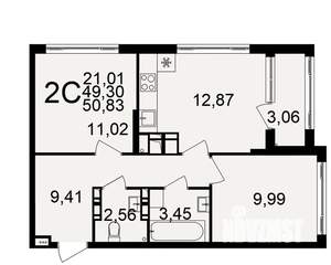 2-к квартира, строящийся дом, 49м2, 14/20 этаж