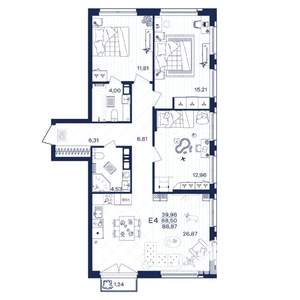3-к квартира, строящийся дом, 89м2, 3/15 этаж