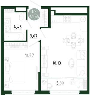 1-к квартира, строящийся дом, 42м2, 23/25 этаж