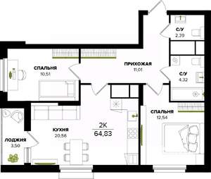 2-к квартира, вторичка, 65м2, 5/25 этаж