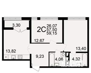 2-к квартира, строящийся дом, 58м2, 16/18 этаж