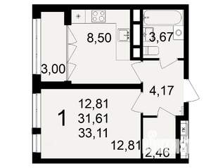 1-к квартира, строящийся дом, 32м2, 2/18 этаж