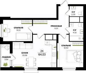 2-к квартира, строящийся дом, 65м2, 11/25 этаж