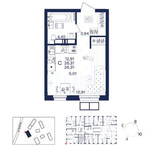 1-к квартира, строящийся дом, 26м2, 13/15 этаж