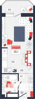 Студия квартира, строящийся дом, 35м2, 13/14 этаж