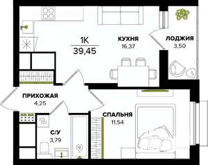 1-к квартира, строящийся дом, 39м2, 22/25 этаж
