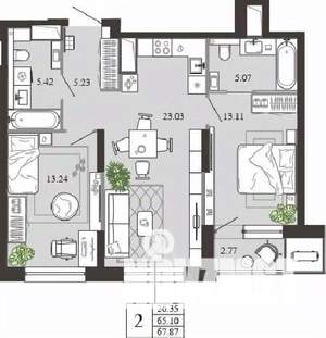 2-к квартира, вторичка, 68м2, 12/21 этаж