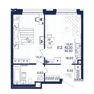 1-к квартира, строящийся дом, 42м2, 2/15 этаж