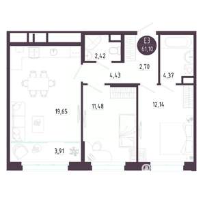 2-к квартира, строящийся дом, 61м2, 9/10 этаж