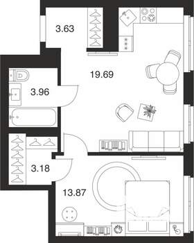 1-к квартира, вторичка, 44м2, 22/25 этаж