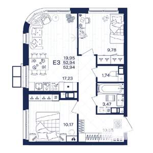 2-к квартира, строящийся дом, 53м2, 6/15 этаж