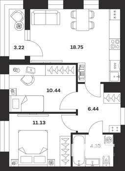 2-к квартира, вторичка, 54м2, 8/16 этаж