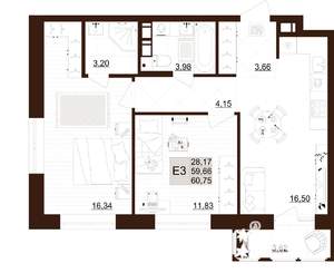 2-к квартира, строящийся дом, 61м2, 2/12 этаж