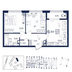 2-к квартира, строящийся дом, 56м2, 6/15 этаж