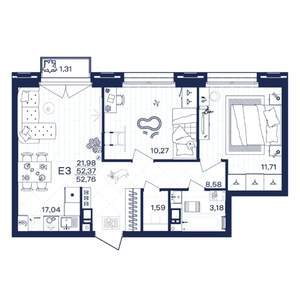 2-к квартира, строящийся дом, 53м2, 2/15 этаж