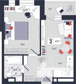 2-к квартира, строящийся дом, 44м2, 11/14 этаж