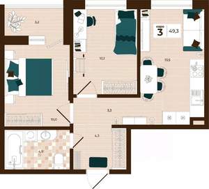 3-к квартира, строящийся дом, 49м2, 7/14 этаж