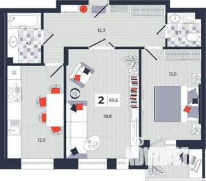 2-к квартира, строящийся дом, 67м2, 2/14 этаж