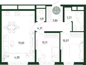 2-к квартира, вторичка, 59м2, 16/25 этаж
