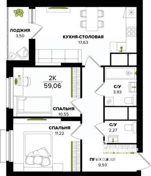 2-к квартира, строящийся дом, 59м2, 22/25 этаж