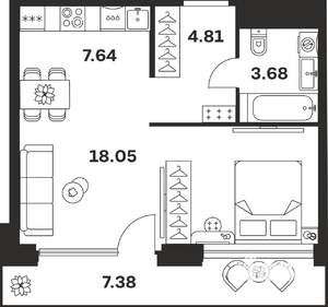1-к квартира, вторичка, 42м2, 9/10 этаж