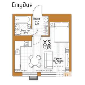 1-к квартира, строящийся дом, 32м2, 2/5 этаж