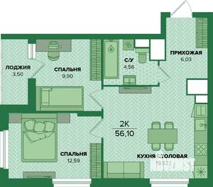 2-к квартира, вторичка, 56м2, 25/25 этаж