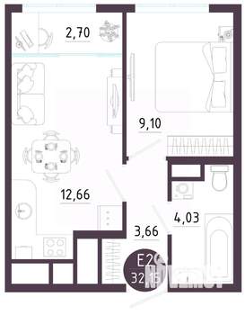 1-к квартира, вторичка, 32м2, 9/10 этаж