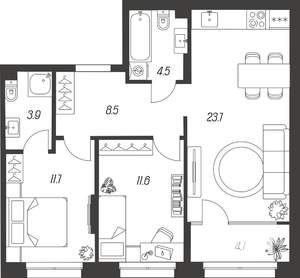 3-к квартира, строящийся дом, 68м2, 2/24 этаж