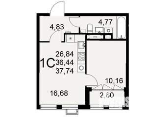 1-к квартира, строящийся дом, 38м2, 2/16 этаж