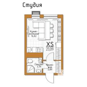 1-к квартира, строящийся дом, 23м2, 4/5 этаж