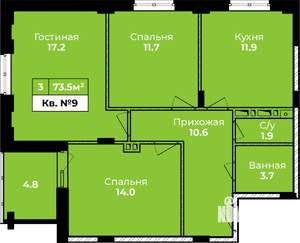 3-к квартира, строящийся дом, 74м2, 9/10 этаж